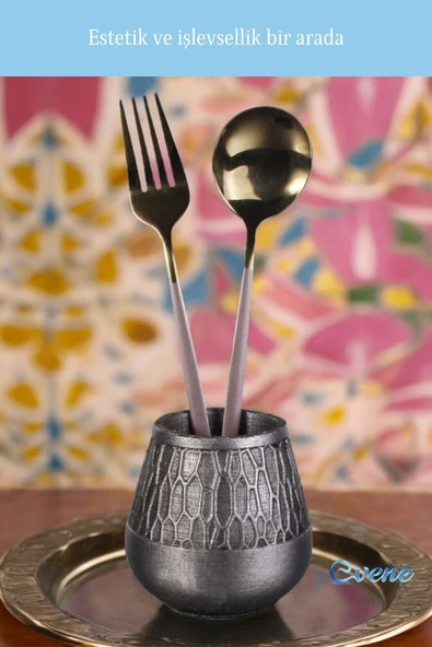 Evene Tezgah Üstü Kaşıklık Dekoratif Dik Kaşıklık Silindir Kaşıklık Gümüş Eskitme Renk Model 3 - Resim 4