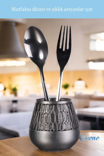 Evene Tezgah Üstü Kaşıklık Dekoratif Dik Kaşıklık Silindir Kaşıklık Gümüş Eskitme Renk Model 3 - Resim 5