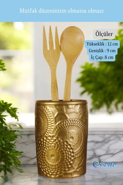 Evene Tezgah Üstü Kaşıklık Dekoratif Dik Kaşıklık Silindir Kaşıklık Altın Eskitme Renk Model 12 - Resim 2