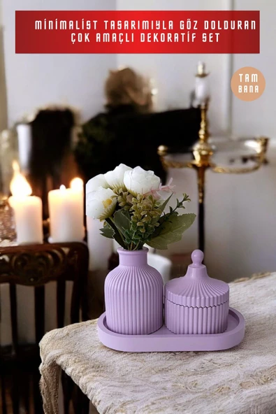 tambana Mor Sunumluk Takı Tabağı Dekoratif Tepsi Obje Seti 3 Parça Model 1001 - Resim 2