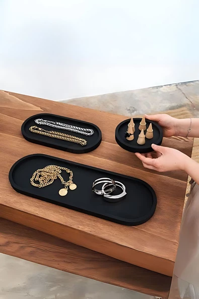 tambana Siyah Sunumluk Takı Tabağı Dekoratif Tepsi Obje Seti 3 Parça Model 1001 ürün görseli 1