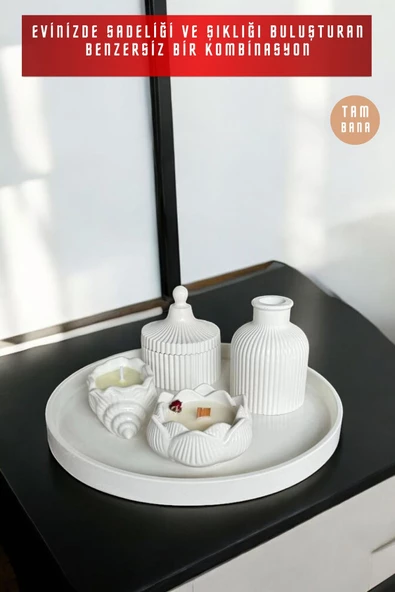 tambana Krem Sunumluk Takı Tabağı Dekoratif Tepsi Obje Seti 5 Parça Model 1025 - Resim 4