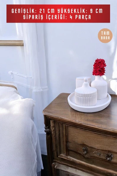 tambana Beyaz Sunumluk Takı Tabağı Dekoratif Tepsi Obje Seti 4 Parça Model 1053 - Resim 3