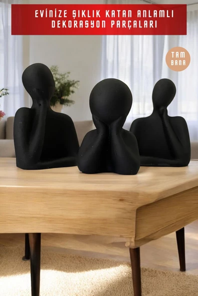 tambana 3’lü Siyah Heykel Biblo Seti Dekoratif Süs Eşyası Dekoratif Masa Süsü Model 1 - Resim 4