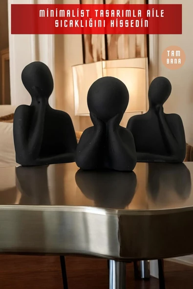 tambana 3’lü Siyah Heykel Biblo Seti Dekoratif Süs Eşyası Dekoratif Masa Süsü Model 1 - Resim 2