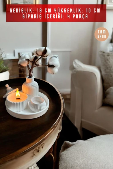 tambana Beyaz Sunumluk Takı Tabağı Dekoratif Tepsi Obje Seti 4 Parça Model 1047 - Resim 3