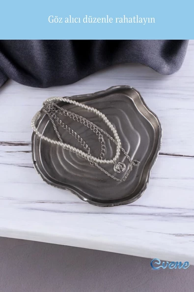 Evene Takı Organizer Makyaj Düzenleyici Kozmetik Organizer Dekoratif Tabak Gümüş Eskitme Renk Model 1 - Resim 4