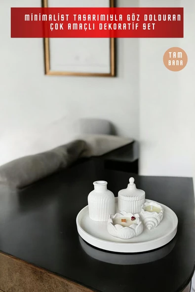 tambana Krem Sunumluk Takı Tabağı Dekoratif Tepsi Obje Seti 5 Parça Model 1025 - Resim 2