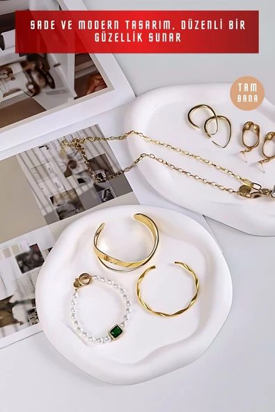 tambana Beyaz Sunumluk Takı Tabağı Dekoratif Tepsi Obje Seti 2 Parça Model 1002 - Resim 4