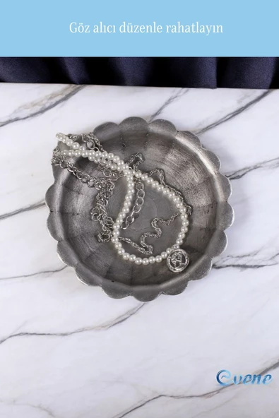 Evene Takı Organizer Makyaj Düzenleyici Kozmetik Organizer Dekoratif Tabak Gümüş Eskitme Renk Çiçek Model - Resim 4