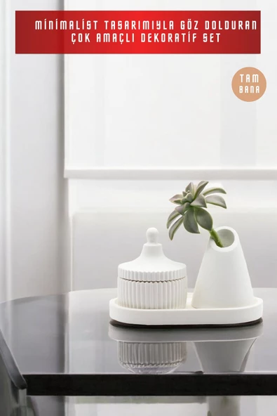 tambana Beyaz Sunumluk Takı Tabağı Dekoratif Tepsi Obje Seti 3 Parça Model 1039 - Resim 2