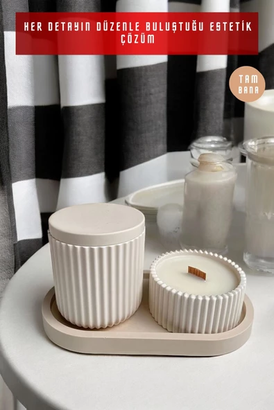 tambana Bej Sunumluk Takı Tabağı Dekoratif Tepsi Obje Seti 3 Parça Model 1018 - Resim 5