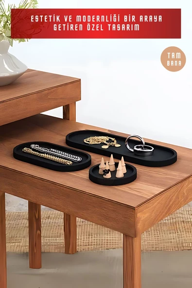 tambana Siyah Sunumluk Takı Tabağı Dekoratif Tepsi Obje Seti 3 Parça Model 1001 - Resim 4