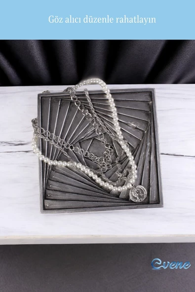 Evene Takı Organizer Makyaj Düzenleyici Kozmetik Organizer Dekoratif Tabak Gümüş Eskitme Renk Model 3 - Resim 4