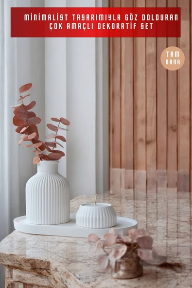 tambana Beyaz Sunumluk Takı Tabağı Dekoratif Tepsi Obje Seti 3 Parça Model 1003 - Resim 2