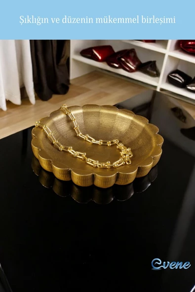Evene Takı Organizer Makyaj Düzenleyici Kozmetik Organizer Dekoratif Tabak Altın Eskitme Renk Çiçek Model - 3