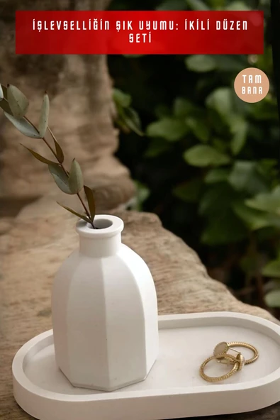 tambana Beyaz Sunumluk Takı Tabağı Dekoratif Tepsi Obje Seti 2 Parça Model 1019 - Resim 2