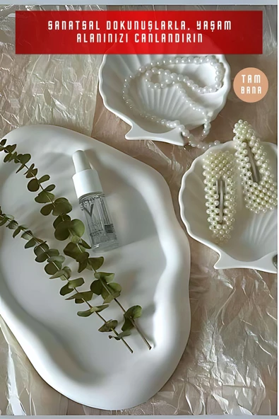 tambana Beyaz Sunumluk Takı Tabağı Dekoratif Tepsi Obje Seti 2 Parça Model 1008 - Resim 2