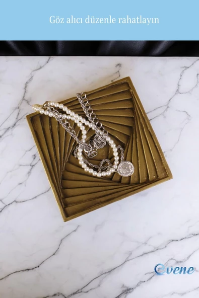 Evene Takı Organizer Makyaj Düzenleyici Kozmetik Organizer Dekoratif Tabak Altın Eskitme Renk Model 3 - Resim 4