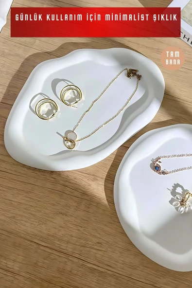 tambana Beyaz Sunumluk Takı Tabağı Dekoratif Tepsi Obje Seti 2 Parça Model 1002 - Resim 2