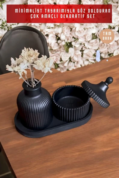 tambana Siyah Sunumluk Takı Tabağı Dekoratif Tepsi Obje Seti 3 Parça Model 1001 - Resim 2