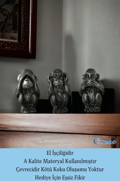 Evene Biblo Dekoratif Obje Heykel Üç Maymun Biblo Dekoratif Süs Eşyası Gümüş Eskitme Renk Model 32 - Resim 4