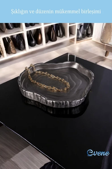 Evene Takı Organizer Makyaj Düzenleyici Kozmetik Organizer Dekoratif Tabak Gümüş Eskitme Renk Model 1 - Resim 3