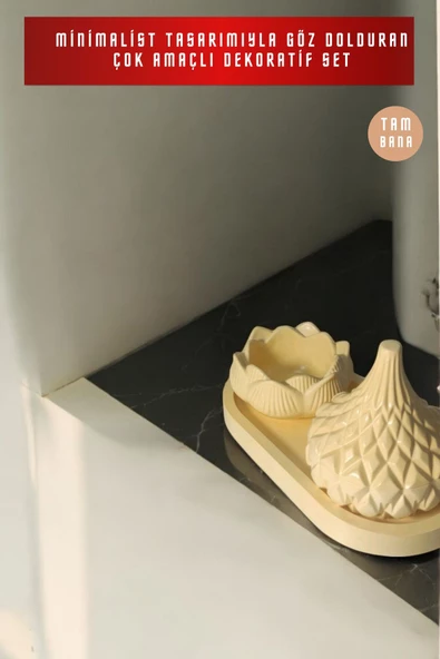 tambana Bej Sunumluk Takı Tabağı Dekoratif Tepsi Obje Seti 3 Parça Model 1029 - 2