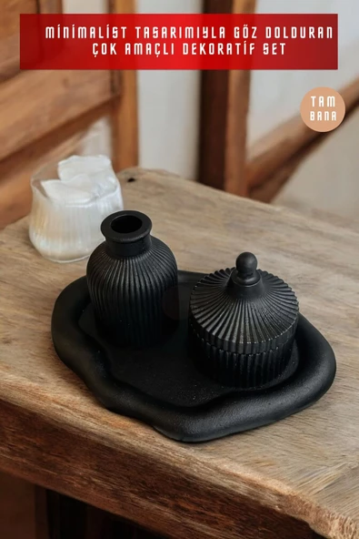 tambana Siyah Sunumluk Takı Tabağı Dekoratif Tepsi Obje Seti 3 Parça Model 1015 - Resim 2