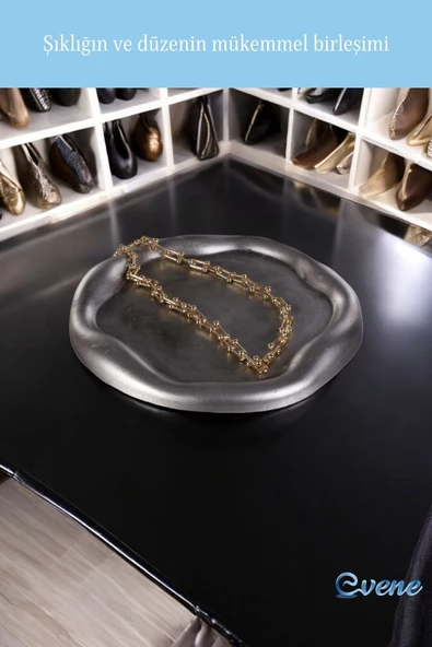 Evene Takı Organizer Makyaj Düzenleyici Kozmetik Organizer Dekoratif Tabak Gümüş Eskitme Renk Model 17 - Resim 3