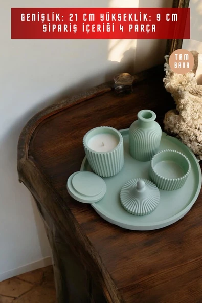 tambana Yeşil Sunumluk Takı Tabağı Dekoratif Tepsi Obje Seti 4 Parça Model 1022 - Resim 3