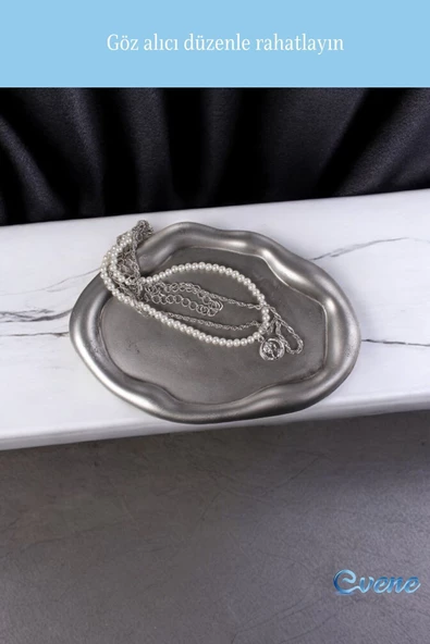 Evene Takı Organizer Makyaj Düzenleyici Kozmetik Organizer Dekoratif Tabak Gümüş Eskitme Renk Model 17 - Resim 4