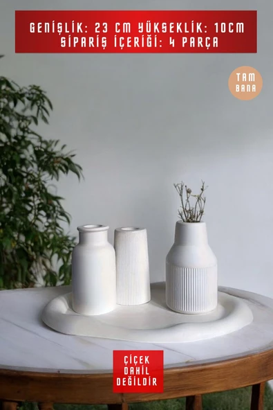 tambana Beyaz Sunumluk Takı Tabağı Dekoratif Tepsi Obje Seti 4 Parça Model 1016 - Resim 3