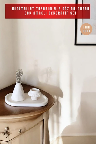 tambana Beyaz Sunumluk Takı Tabağı Dekoratif Tepsi Obje Seti 3 Parça Model 1045 - Resim 2