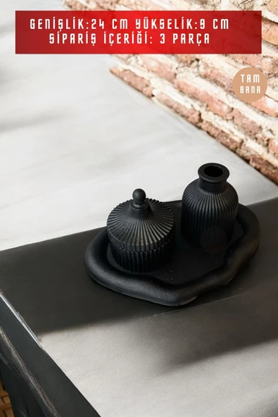 tambana Siyah Sunumluk Takı Tabağı Dekoratif Tepsi Obje Seti 3 Parça Model 1015 - Resim 3