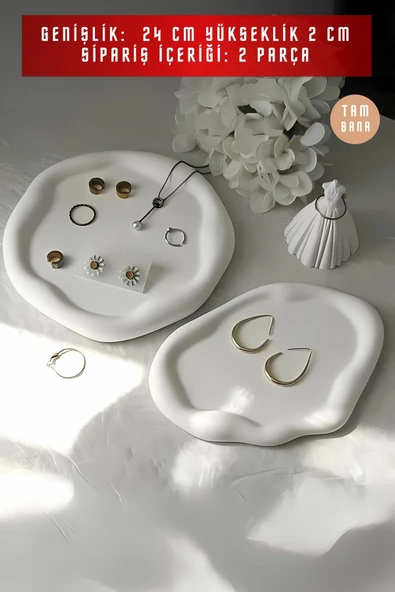 tambana Beyaz Sunumluk Takı Tabağı Dekoratif Tepsi Obje Seti 2 Parça Model 1002 - Resim 3
