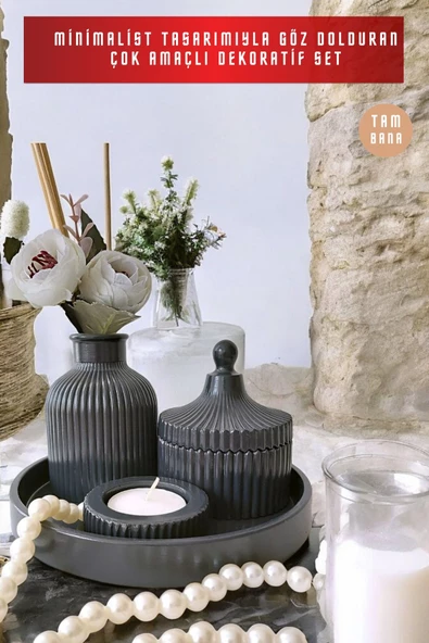 tambana Koyuı Gri Sunumluk Takı Tabağı Dekoratif Tepsi Obje Seti 4 Parça Model 1032 - Resim 2