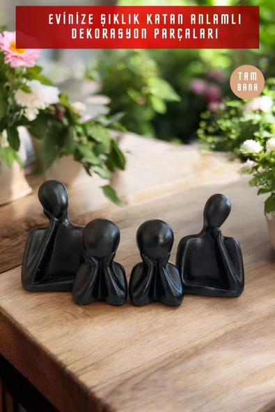 tambana 4’lü Siyah Heykel Biblo Seti Dekoratif Süs Eşyası Dekoratif Masa Süsü Model 2 - Resim 4