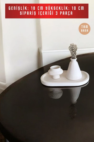 tambana Beyaz Sunumluk Takı Tabağı Dekoratif Tepsi Obje Seti 3 Parça Model 1045 - Resim 3