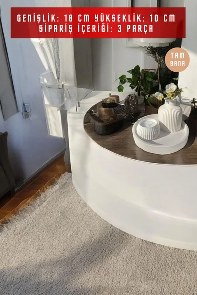 tambana Beyaz Sunumluk Takı Tabağı Dekoratif Tepsi Obje Seti 3 Parça Model 1050 - Resim 3