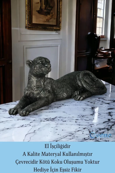 Evene Biblo Dekoratif Obje Heykel Leopar Biblo Dekoratif Süs Eşyası Gümüş Eskitme Renk Model 38 - Resim 4