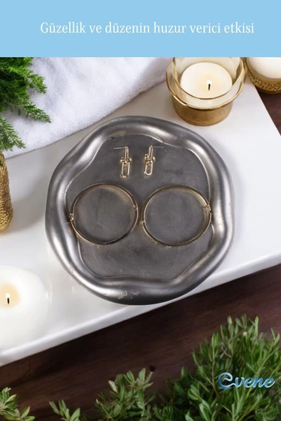 Evene Takı Organizer Makyaj Düzenleyici Kozmetik Organizer Dekoratif Tabak Gümüş Eskitme Renk Model 17 - Resim 5