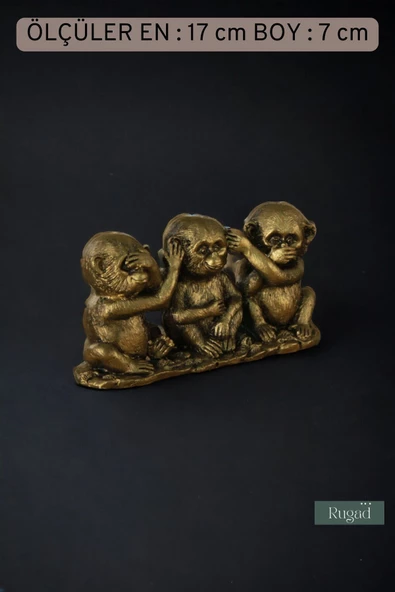 Rugad Biblo Dekoratif Heykel 3 Maymun Biblosu Altın Eskitme Renk Model 30 - Resim 3