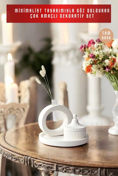 tambana Beyaz Sunumluk Takı Tabağı Dekoratif Tepsi Obje Seti 3 Parça Model 1037 - Resim 2