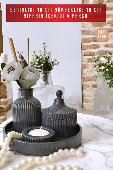 tambana Koyuı Gri Sunumluk Takı Tabağı Dekoratif Tepsi Obje Seti 4 Parça Model 1032 - Resim 3