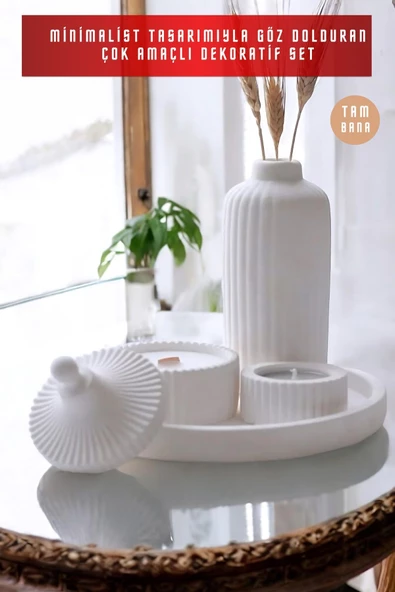 tambana Beyaz Sunumluk Takı Tabağı Dekoratif Tepsi Obje Seti 3 Parça Model 1002 - 2