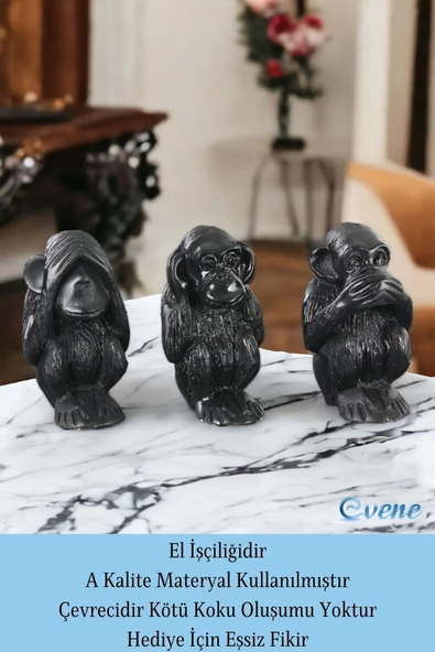 Evene Biblo Dekoratif Obje Heykel Üç Maymun Biblo Dekoratif Süs Eşyası Siyah Renk Model 32 - Resim 4