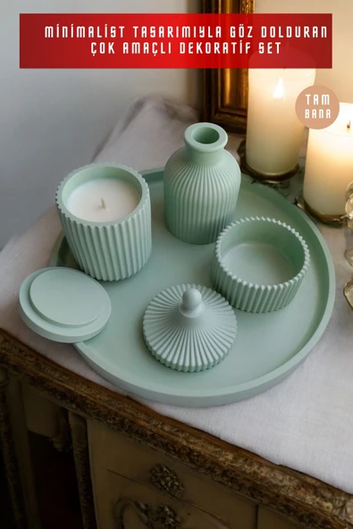 tambana Yeşil Sunumluk Takı Tabağı Dekoratif Tepsi Obje Seti 4 Parça Model 1022 - Resim 2