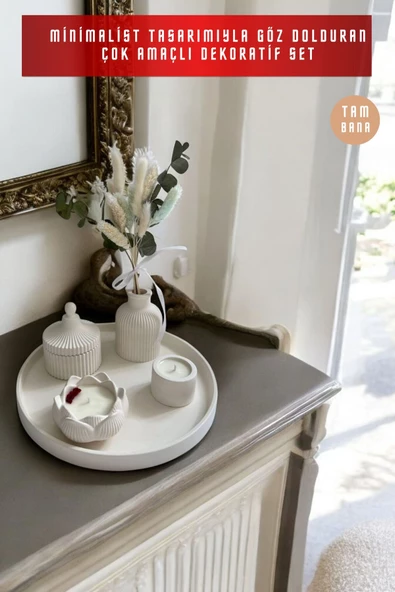 tambana Krem Sunumluk Takı Tabağı Dekoratif Tepsi Obje Seti 5 Parça Model 1024 - Resim 2