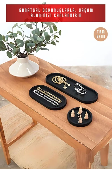 tambana Siyah Sunumluk Takı Tabağı Dekoratif Tepsi Obje Seti 3 Parça Model 1001 - Resim 2